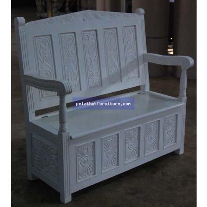 Carved Bench with Storage Seat Painted Finish  Chairs and Sofas Indonesia Furniture