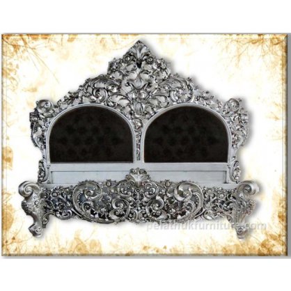 Rococo Bed queen Silver Gold and Silver Leaf Finish  Bed Indonesia Furniture