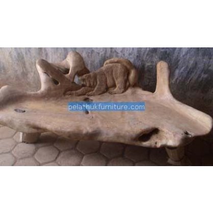 Stump bench With Carving Reclaimed Teak Wood and Root Carving   Indonesia Furniture
